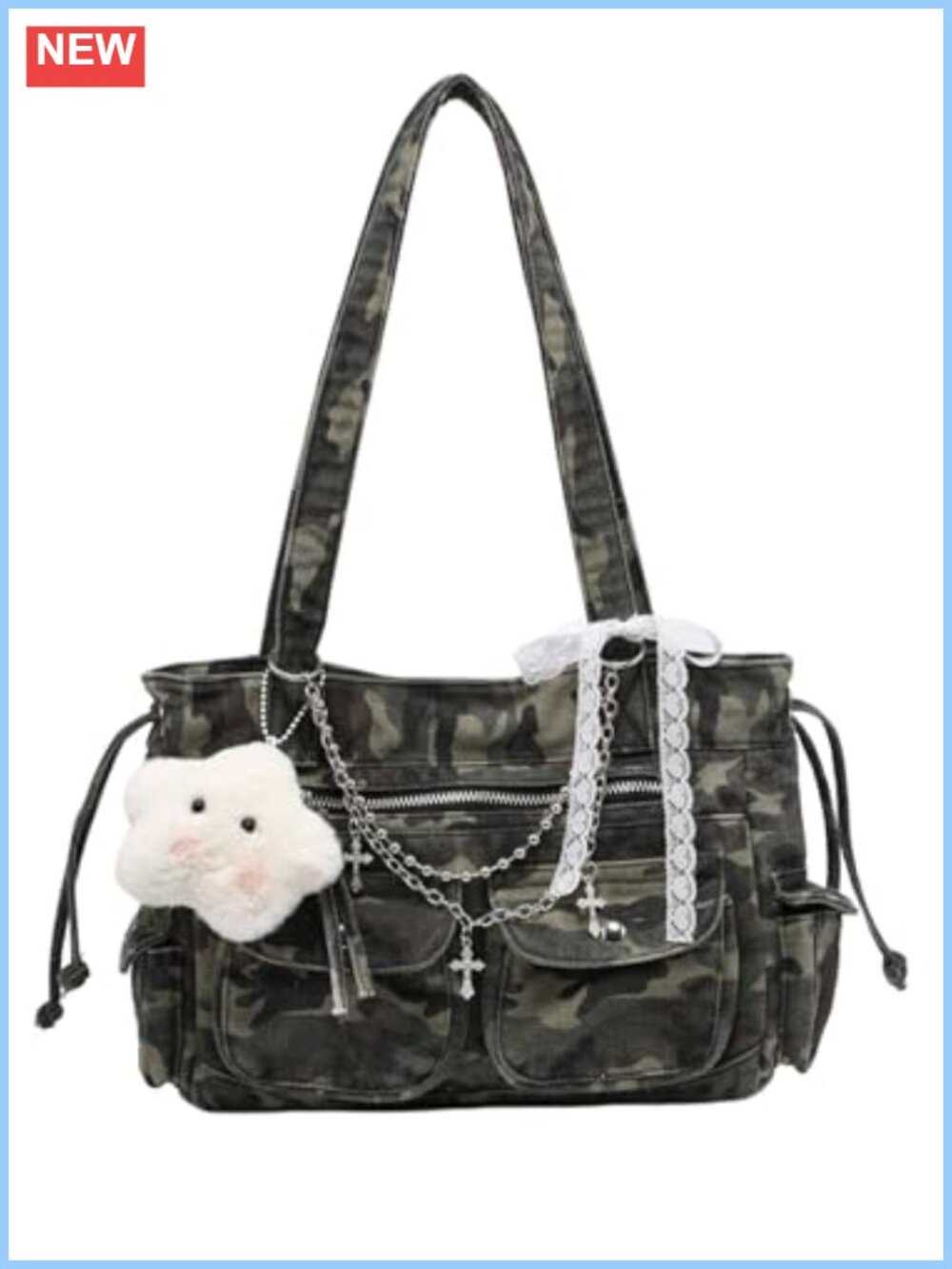 WDIRARA Camo Pattern Tote Bag Multi Pocket Canvas Shoulder Handbag Y2K